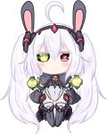  1girl :&lt; absurdly_long_hair ahoge alternate_costume animal_ears azur_lane bailingxiao_jiu bangs black_footwear black_hairband blush boots chibi closed_mouth detached_sleeves eyebrows_visible_through_hair full_body green_eyes hair_between_eyes hairband heart heart-shaped_pupils heterochromia knee_boots laffey_(azur_lane) leotard long_hair long_sleeves looking_at_viewer rabbit_ears red_eyes searchlight sidelocks simple_background sleeves_past_fingers sleeves_past_wrists solo standing symbol-shaped_pupils thigh-highs thighhighs_under_boots twintails very_long_hair white_background white_legwear white_leotard wide_sleeves 