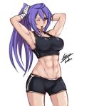  1girl abs airisubaka blue_hair breasts cleavage iris_heart large_breasts long_hair looking_at_viewer muscle muscular_female navel neptune_(series) one_eye_closed ponytail purple_hair red_eyes smile solo symbol-shaped_pupils toned very_long_hair 