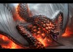  bazelgeuse day dragon explosion fire full_body glowing highres letterboxed monster_hunter monster_hunter:_world nekoemonn no_humans nostrils open_mouth outdoors scales sharp_teeth slit_pupils smoke snout solo spikes teeth tongue wings wyvern yellow_eyes 