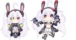  2girls :&lt; absurdly_long_hair ahoge alternate_costume animal_ears azur_lane bailingxiao_jiu bangs black_footwear black_hairband black_jacket blush boots cannon chibi closed_mouth collarbone commentary_request detached_sleeves dual_persona eyebrows_visible_through_hair green_eyes hair_between_eyes hairband heart heart-shaped_pupils heterochromia holding jacket knee_boots laffey_(azur_lane) leotard long_hair long_sleeves looking_at_viewer multiple_girls navel open_clothes open_jacket parted_lips pleated_skirt puffy_long_sleeves puffy_sleeves rabbit_ears red_eyes searchlight sidelocks silver_hair simple_background skirt sleeveless_jacket sleeves_past_fingers sleeves_past_wrists standing standing_on_one_leg symbol-shaped_pupils thigh-highs thighhighs_under_boots turret twintails very_long_hair white_background white_legwear white_leotard white_skirt wide_sleeves 