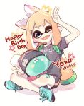  1girl artist_name bangs bike_shorts black_hat black_shirt black_shorts blue_eyes blunt_bangs bobblehat clothes_writing commentary_request cross-laced_footwear dated domino_mask english fangs green_footwear happy_birthday hat indian_style ink_tank_(splatoon) inkling inkling_(language) long_hair looking_at_viewer mask one_eye_closed open_mouth orange_eyes orange_tongue pointy_ears sen_squid shirt shoes short_sleeves shorts signature single_vertical_stripe sitting smile sneakers solo splatoon splatoon_1 star t-shirt tentacle_hair v 