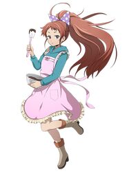  1girl apron blue_sweater boots bow brown_eyes brown_hair chocolate floating_hair frilled_apron frills full_body grey_footwear hair_bow holding hood hooded_sweater isami_(log_horizon) log_horizon long_hair looking_at_viewer official_art one_leg_raised parted_lips pink_apron polka_dot polka_dot_bow solo standing standing_on_one_leg sweater transparent_background very_long_hair violet_eyes 