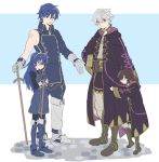  2boys 2girls ahoge black_hair blue_eyes blue_hair blush cape falchion_(fire_emblem) father_and_daughter fire_emblem fire_emblem:_kakusei gloves highres hood hooded_jacket itou_(very_ito) jacket krom long_hair lucina male_my_unit_(fire_emblem:_kakusei) mamkute mark_(fire_emblem) multiple_boys multiple_girls my_unit_(fire_emblem:_kakusei) open_mouth robe short_hair smile tiara white_hair younger 