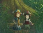  2girls bangs black_hair brown_eyes brown_hair closed_mouth commentary day eyebrows_visible_through_hair grass green_skirt hakumei_(hakumei_to_mikochi) hakumei_to_mikochi hand_on_hip hat hikari_niji japanese_clothes kimono long_hair long_sleeves mikochi_(hakumei_to_mikochi) minigirl multicolored multicolored_clothes multicolored_hat multiple_girls outdoors puffy_short_sleeves puffy_sleeves robe short_kimono short_sleeves sitting skirt smile standing thick_eyebrows tree very_long_hair white_kimono white_robe wide_sleeves 