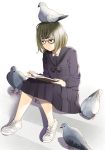  1girl animal animal_on_head bird bird_on_head black_serafuku blonde_hair book glasses mattaku_mousuke on_head original pigeon reading school_uniform serafuku shoes short_hair sitting sneakers solo white_background 