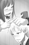  1boy 1girl ;d ayakura_juu blush couple craft_lawrence fang greyscale head_tilt holding holo index_finger_raised monochrome novel_illustration official_art one_eye_closed open_mouth parted_lips portrait smile spice_and_wolf 