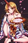  1girl alcohol bare_legs bare_shoulders barefoot blonde_hair breasts chains cleavage closed_mouth collarbone commentary_request cuffs cup dated earrings floral_print food highres hoshiguma_yuugi hoshiguma_yuugi_(promo) ice_(aitsugai) jewelry knee_up long_hair looking_at_viewer petals sakazuki sake sash shackles sitting smile solo touhou twitter_username very_long_hair wagashi yellow_eyes 