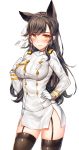  1girl animal_ears atago_(azur_lane) azur_lane bangs black_hair black_legwear blush breasts buttons closed_mouth commentary_request garter_straps gloves hair_ribbon hand_on_hip hand_on_own_hip highres large_breasts long_hair long_sleeves military military_uniform orange_eyes painteen ribbon side_slit simple_background smile solo standing thigh-highs uniform white_background white_gloves 