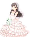  1girl bangs bare_shoulders blush bouquet braid breasts bridal_veil bride brown_eyes brown_hair choker cowboy_shot dress elbow_gloves eyebrows_visible_through_hair flower frills gloves gomi_(gomitin) gown holding holding_bouquet idolmaster idolmaster_cinderella_girls jewelry kobayakawa_sae long_hair looking_at_viewer medium_breasts necklace open_mouth simple_background smile solo straight_hair strapless strapless_dress veil wedding_dress white_background white_dress white_flower white_gloves 