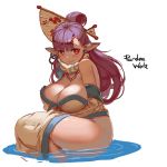  1girl bare_shoulders blush breasts cleavage copyright_request hair_ornament large_breasts long_hair looking_at_viewer pandea_work pointy_ears purple_hair red_eyes sitting smile solo water 