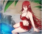  1girl bare_shoulders bikini bikini_skirt blush breasts cleavage commentary fire_emblem fire_emblem:_kakusei frills hair_ornament highres long_hair looking looking_at_viewer medium_breasts palm_tree red_bikini red_eyes redhead sitting smile solo swimsuit cordelia_(fire_emblem) tree tusia very_long_hair water 