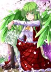  1girl aka_tawashi ascot black_legwear blush breasts brown_footwear commentary_request eyebrows_visible_through_hair feathered_wings floral_background flower green_eyes green_hair green_wings heterochromia highres kazami_yuuka kazami_yuuka_(pc-98) long_hair long_sleeves looking_at_viewer medium_breasts one_knee pantyhose parted_lips petals petticoat pink_flower plaid plaid_skirt plaid_vest red_eyes red_skirt red_vest shirt shoes skirt solo touhou touhou_(pc-98) umbrella vest white_shirt wings yellow_neckwear 