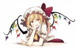  1girl ascot bangs blonde_hair eyebrows_visible_through_hair fingernails flandre_scarlet hat hat_ribbon head_rest hisona_(suaritesumi) leaning_forward long_fingernails long_hair looking_at_viewer mob_cap puffy_short_sleeves puffy_sleeves red_eyes red_ribbon ribbon short_sleeves simple_background smile solo touhou uneven_eyes white_background white_hat wings wrist_cuffs yellow_neckwear 