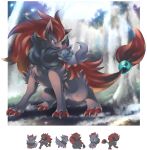  aqua_eyes claws closed_mouth commentary commentary_request creature expressions gen_5_pokemon happy ibui_matsumoto no_humans open_mouth pokemon pokemon_(creature) standing tied_hair whiskers zoroark zorua 
