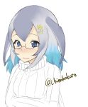  anchor_hair_ornament blue_eyes blue_hair blue_whale_(kemono_friends) blush crossed_arms full-face_blush glasses gradient_hair hair_ornament highres japari_symbol kemono_friends light_blue_hair long_hair multicolored_hair open_mouth pikunoma sweater turtleneck turtleneck_sweater upper_body 