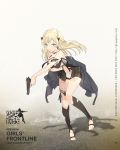  1girl bangs bare_shoulders barefoot black_legwear blonde_hair blush braid character_name coat copyright_name eyebrows_visible_through_hair french_braid full_body girls_frontline grey_eyes gun hair_ornament handgun highres holding holding_gun holding_weapon k5_(girls_frontline) long_hair looking_at_viewer lpip official_art open_clothes open_coat open_mouth pistol solo thigh-highs torn_clothes weapon 