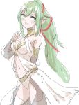  1girl blush breasts chiki cosplay fire_emblem fire_emblem:_kakusei fire_emblem:_mystery_of_the_emblem fire_emblem_heroes fire_emblem_if green_eyes green_hair hair_ornament hairband jewelry long_hair looking_at_viewer mamkute midriff navel olivia_(fire_emblem) olivia_(fire_emblem)_(cosplay) pointy_ears ponytail simple_background sketchy solo tiara 