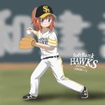  10s 1girl 2006 angry ball baseball baseball_cap baseball_glove baseball_jersey blush drawbreeze glove hat koshigaya_natsumi non_non_biyori pixiv ponytail red_hair softbank_hawks solo uniform 