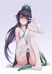  1girl ass black_hair black_panties blush elbow_gloves gloves green_eyes long_hair looking_at_viewer mool_yueguang onmyoji panties ponytail sitting smile thigh-highs underwear v very_long_hair white_gloves white_legwear ying_grass 