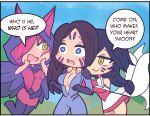  3girls ahri animal_ears black_hair blush chibi comic dream-vessel english facial_mark feathers fox_ears fox_girl hair_over_one_eye hood kai&#039;sa league_of_legends multiple_girls purple_hair redhead speech_bubble symbol-shaped_pupils text whisker_markings xayah 