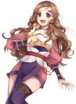  1girl blush bracer breastplate brown_eyes brown_hair cowboy_shot dutch_angle fire_emblem fire_emblem_if headband japanese_clothes jurge kazahana_(fire_emblem_if) kimono long_hair obi open_mouth pelvic_curtain purple_legwear sash short_kimono simple_background solo thigh-highs wavy_hair white_background 