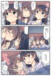  2girls 5koma bangs bed black_hair blanket blush brown_hair closed_eyes closed_mouth collarbone comic ears_visible_through_hair eyebrows_visible_through_hair hachiko_(hati12) hair_between_eyes hand_holding hand_in_another&#039;s_hair hand_on_another&#039;s_head headboard highres holding looking_at_another looking_at_viewer looking_away multiple_girls open_mouth original pajamas pillow pink_pajamas purple_pajamas school_uniform short_hair smile speech_bubble swept_bangs yuri 