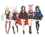  5girls ahoge animal_ears black_footwear black_gloves black_hair black_legwear black_neckwear black_skirt blonde_hair blue_eyes blue_hair blush boots breasts cat_ears character_request choker cleavage closed_mouth collarbone copyright_request eyebrows_visible_through_hair fingerless_gloves garter_straps gloves green_eyes hairband knee_boots large_breasts long_hair looking_at_viewer multicolored_hair multiple_girls necktie pink_hair red_eyes skirt smile thigh-highs tp_(kido_94) two-tone_hair violet_eyes 