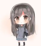  1girl bag bangs black_footwear black_hoodie black_legwear blush brown_eyes brown_hair c: cellphone chibi closed_mouth cottontailtokki eyebrows_visible_through_hair full_body grey_skirt holding holding_cellphone holding_phone hood hood_down hoodie long_hair looking_at_viewer original phone pleated_skirt skirt smile solo standing thigh-highs v-shaped_eyebrows very_long_hair 