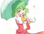  1girl :d ascot collared_shirt commentary_request directional_arrow eyebrows_visible_through_hair floating_hair green_hair half-closed_eyes hand_to_own_head hands_up holding holding_umbrella kazami_yuuka long_sleeves looking_at_viewer open_clothes open_mouth open_vest parasol plaid plaid_skirt plaid_vest red_eyes red_skirt red_vest shirt short_hair skirt skirt_lift skirt_set smile solo standing touhou translation_request umbrella unachika upper_body vest white_shirt wind wind_lift yellow_neckwear 