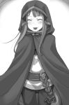  1girl ayakura_juu blush cape closed_eyes cowboy_shot eyebrows_visible_through_hair floating_hair greyscale holo hood hooded long_hair monochrome novel_illustration official_art pants shirt smile solo spice_and_wolf standing tongue tongue_out 