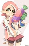  1girl artist_name black_shorts bracelet closed_mouth cowboy_shot green_eyes hair_over_shoulder heart holding holding_weapon ink_tank_(splatoon) inkling jewelry light_smile long_hair looking_at_viewer pink_hair pinky_out print_shirt sen_squid shirt shorts signature single_vertical_stripe solo splatoon splatoon_2 splattershot_(splatoon) standing strap_slip tank_top weapon white_shirt 