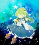  1girl bare_shoulders blue_eyes blue_skirt blush_stickers brown_footwear commentary_request constellation detached_sleeves frog_hair_ornament green_hair hair_ornament hair_tubes kochiya_sanae long_hair moyo_(amaniwa) ribbon skirt snake_hair_ornament solo star touhou wide_sleeves 