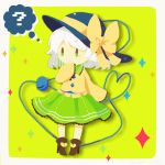  1girl ? boots bow green_eyes green_skirt hat hat_bow hat_ribbon heart heart_of_string high_heel_boots high_heels komeiji_koishi long_sleeves moyo_(amaniwa) ribbon skirt sleeves_past_wrists solo sparkle string third_eye thought_bubble touhou white_hair wide_sleeves 