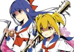  2girls :3 baseball_bat blonde_hair blue_hair blue_sailor_collar bow chains commentary_request hair_bow hair_ornament hair_scrunchie hario_4 holding holding_weapon long_hair multiple_girls nail nail_bat neckerchief pipimi poptepipic popuko red_bow red_neckwear sailor_collar school_uniform scrunchie serafuku shaded_face sickle twintails weapon yellow_eyes yellow_scrunchie 