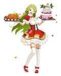  1girl ;) ;d ankle_bow ankle_ribbon bow breasts cake cleavage coin dress eyebrows_visible_through_hair floating_hair food full_body green_eyes green_hair head_tilt holding large_breasts layered_dress log_horizon long_hair marielle_(log_horizon) mary_janes official_art one_eye_closed open_mouth pointy_ears red_bow red_capelet red_footwear ribbon shoes short_dress smile solo standing thigh-highs transparent_background very_long_hair white_legwear zettai_ryouiki 