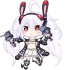  1girl :&lt; ahoge alternate_costume animal_ears azur_lane bailingxiao_jiu bangs black_footwear black_hairband black_jacket blush boots cannon chibi collarbone detached_sleeves eyebrows_visible_through_hair full_body hair_between_eyes hairband heart heart-shaped_pupils holding jacket laffey_(azur_lane) long_sleeves looking_at_viewer navel open_clothes open_jacket parted_lips pleated_skirt puffy_long_sleeves puffy_sleeves rabbit_ears red_eyes silver_hair simple_background skirt sleeveless_jacket solo standing standing_on_one_leg symbol-shaped_pupils thigh-highs thighhighs_under_boots turret white_background white_legwear white_skirt 