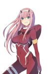  1girl arms_at_sides bangs blue_eyes blush bodysuit breasts darling_in_the_franxx hair_between_eyes horns large_breasts long_hair looking_at_viewer parted_lips pink_hair red_bodysuit simple_background smile solo ururu very_long_hair white_background zero_two_(darling_in_the_franxx) 