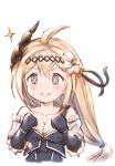  &gt;:) +_+ 1girl absurdres ahoge bangs bare_shoulders black_ribbon blonde_hair blue_dress blue_eyes blue_gloves blush breasts cleavage closed_mouth collarbone detached_sleeves dress elbow_gloves eyebrows_visible_through_hair flower gloves granblue_fantasy hair_between_eyes hair_flower hair_ornament hair_ribbon highres horns jeanne_d&#039;arc_(granblue_fantasy) long_hair long_sleeves low-tied_long_hair medium_breasts milli_little ribbon simple_background smile solo v-shaped_eyebrows very_long_hair white_background white_flower 