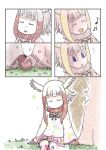  2girls :d cerulean_(kemono_friends) closed_eyes comic gloves grass hand_holding head_wings highres japanese_crested_ibis_(kemono_friends) kemono_friends multicolored_hair multiple_girls murakami_rei musical_note open_mouth page_number pantyhose petals red_gloves redhead silent_comic sitting smile white_hair 