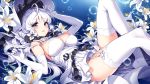  1girl anchor azur_lane bangs bare_shoulders blue_eyes blush breasts bubble cleavage commentary detached_collar dress elbow_gloves eyebrows_visible_through_hair flower garter_straps gloves hat illustrious_(azur_lane) large_breasts long_hair looking_at_viewer lying mole mole_under_eye nardack on_back parted_lips short_dress simple_background solo strapless strapless_dress thigh-highs very_long_hair white_dress white_gloves white_hair white_legwear 