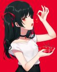  1girl achiki arm_up bangs belt black_belt black_choker black_hair black_skirt blush bowl breasts cherry choker collarbone earrings eyebrows_visible_through_hair fingernails food from_side fruit hair_over_shoulder hair_ribbon highres holding holding_bowl holding_food jewelry long_hair looking_at_viewer looking_to_the_side nail_polish one_side_up open_mouth original profile red_background red_eyes red_nails red_ribbon ribbon shirt short_sleeves sidelocks simple_background skirt small_breasts solo standing two_side_up upper_body upper_teeth white_shirt 