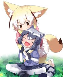  2girls :d ^_^ animal_ears black_skirt blonde_hair blush brown_eyes closed_eyes commentary_request common_raccoon_(kemono_friends) elbow_gloves fang fennec_(kemono_friends) fox_ears fox_tail fur_collar fur_trim gloves gradient_gloves gradient_legwear grass grey_hair happy highres hug kemono_friends kneeling makuran multicolored multicolored_clothes multicolored_gloves multicolored_hair multicolored_legwear multiple_girls open_mouth pantyhose raccoon_ears raccoon_tail short_hair sitting skirt smile tail thigh-highs white_hair white_skirt yellow_legwear 