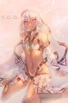  1girl aguy altera_(fate) bare_shoulders bikini black_bikini_bottom blush breasts choker collarbone copyright_name dark_skin detached_sleeves earmuffs fate/extella fate/extra fate/grand_order fate_(series) forehead_protector frills light_smile long_sleeves looking_at_viewer mismatched_bikini navel parted_lips pink_background red_eyes revision shin_guards shoes short_hair silver_hair sitting small_breasts solo sparkle stomach swimsuit veil violet_eyes wariza white_bikini_top white_choker white_footwear white_hair 