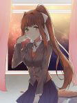  1girl adjusting_hair backlighting bangs blazer blue_skirt blush bow breasts brown_hair closed_mouth collared_shirt cowboy_shot curtains desk doki_doki_literature_club eyebrows_visible_through_hair green_eyes grey_jacket hair_bow hair_intakes hand_up indoors jacket long_hair long_sleeves looking_at_viewer medium_breasts monika_(doki_doki_literature_club) neck_ribbon night pleated_skirt ponytail red_neckwear ribbon school school_desk school_uniform shirt sidelocks skirt sky smile solo star_(sky) starry_sky tareme tiny_(tini3030) very_long_hair vest white_bow white_shirt window wing_collar 