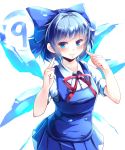  &gt;:d (9) 1girl absurdres bent_elbows blue_eyes blue_hair breasts cirno commentary_request cowboy_shot eyebrows_visible_through_hair eyelashes grin highres kanzakietc looking_at_viewer medium_breasts pointing pointing_at_self short_hair simple_background smile solo standing touhou white_background 