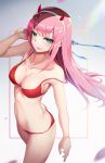  1girl ass bikini breasts butt_crack cowboy_shot darling_in_the_franxx erect_nipples green_eyes hairband horns l.bou looking_at_viewer medium_breasts navel pink_hair red_bikini shiny shiny_hair solo standing straight_hair strap_slip swimsuit white_background white_hairband zero_two_(darling_in_the_franxx) 