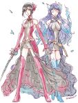  2girls breasts closed_eyes collarbone cosplay dress dual_wielding fire gloves kagutsuchi_(xenoblade) kagutsuchi_(xenoblade)_(cosplay) long_hair medium_breasts meleph_(xenoblade) multiple_girls navel oseo purple_hair smile sword weapon white_background xenoblade xenoblade_2 