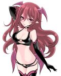  1girl bikini black_legwear blush breasts brown_hair carrie_alberta cleavage commentary demon_girl elbow_gloves gloves head_wings highres lipstick long_hair looking_at_viewer makeup navel pointy_ears pop-up_story red_eyes smile solo succubus swimsuit thigh-highs yaka_(ir_mc8a) 