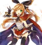  1girl absurdres aqua_eyes armpits artist_request black_gloves black_legwear black_ribbon bracelet brown_hair cape clarisse_(granblue_fantasy) gloves granblue_fantasy green_eyes hair_ribbon highres jewelry long_hair one_eye_closed orange_hair ponytail ribbon sleeveless solo test_tube thigh-highs v 