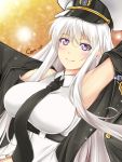  azur_lane black_belt black_coat black_neckwear cigar_cat coat collared_shirt enterprise_(azur_lane) eyebrows_visible_through_hair gradient gradient_background hair_between_eyes hat long_hair military necktie open_clothes open_coat peaked_cap shirt silver_hair sleeveless sleeveless_shirt underbust violet_eyes white_hat 